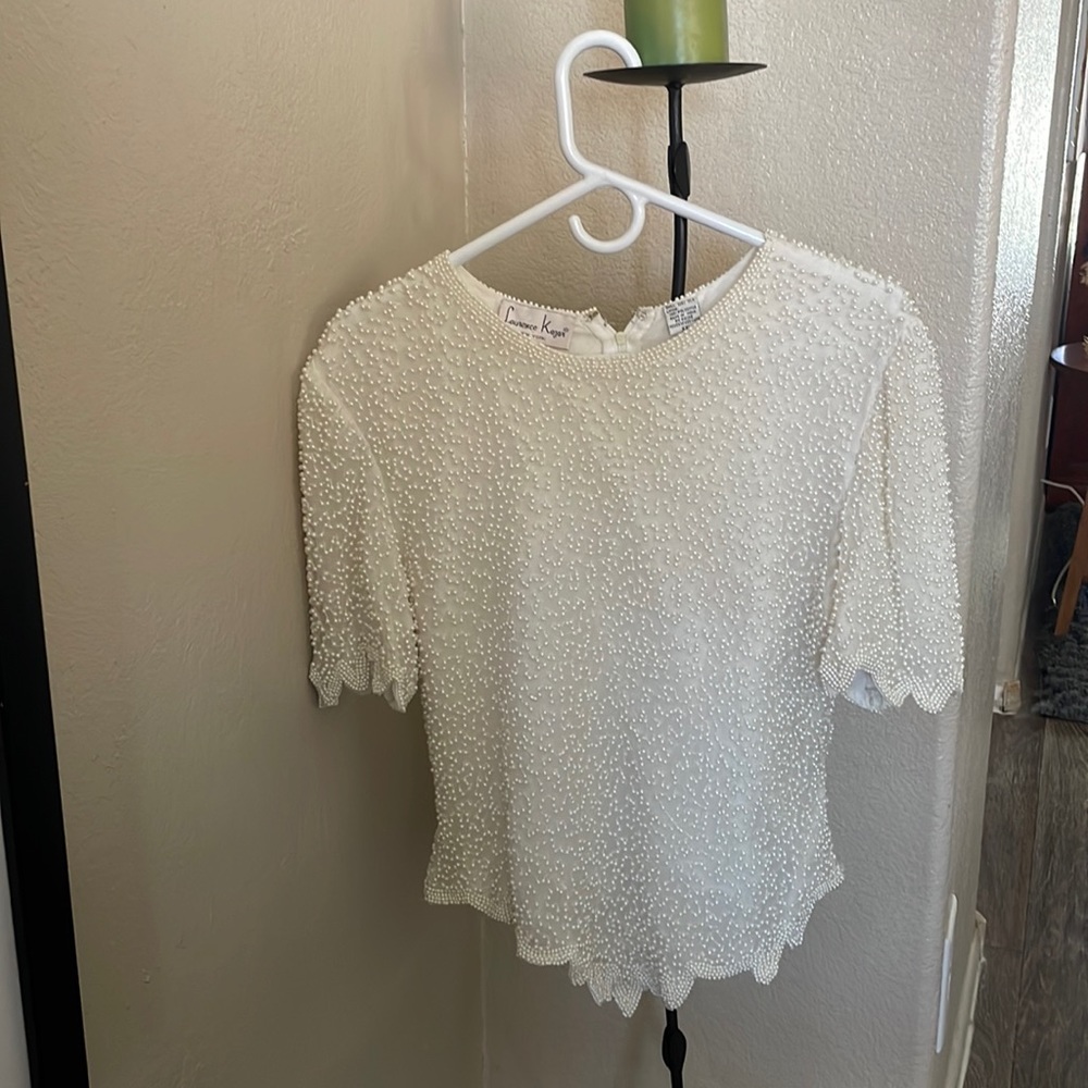 Laurence Kazar Vintage Pearl White Beaded Blouse